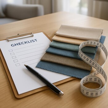 Masa üzerinde perde numuneleri ve not defteriyle çalışma