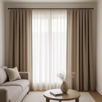 Yere kadar inen katmanlı tül ve fon perdeli modern salon duvarı