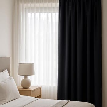 Yatak odasında çift raylı tül ve fon perde katmanı