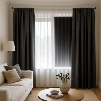 Tül ve blackout fon perdeyle katmanlı salon penceresi