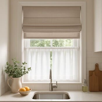 Mutfak nişinde tül ve stor kombinasyonlu pencere