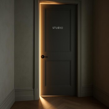 Işık alan Silk & Shadow stüdyo kapısından içeri bakan görüntü