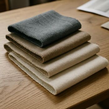 Masa üzerinde üst üste serilmiş perde kumaşı numuneleri