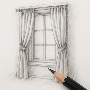 Pencere için çizilmiş perde eskizinin yakın plan görüntüsü
