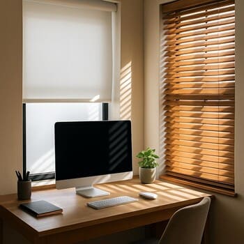 Ev ofisinde screen stor ve jaluzi kombinasyonu