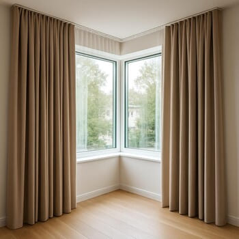 Köşe pencerede köşeden geçen perde rayı ve fonlar