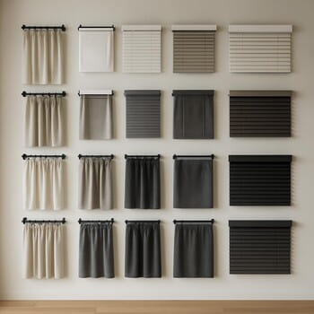 Duvara asılmış perde kumaşı kartelalarıyla Silk & Shadow koleksiyon duvarı