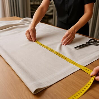 Büyük masada perde kumaşını metreyle ölçen usta