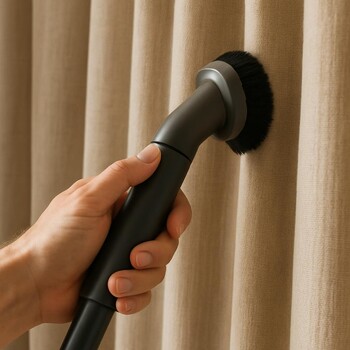 Perde yüzeyini yumuşak başlıkla süpüren el