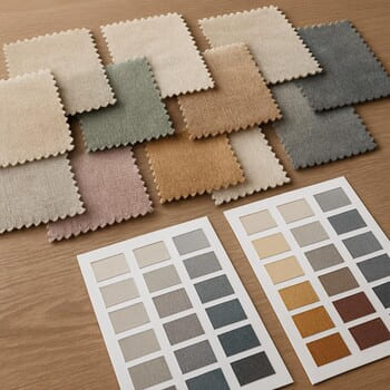 Masa üzerinde farklı perde kumaşı örnekleri ve renk kartelası