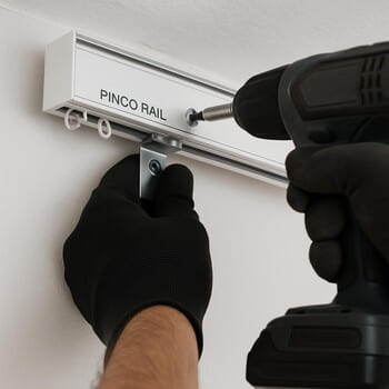 Montaj ekibinin tavan rayına perde sistemi yerleştirmesi