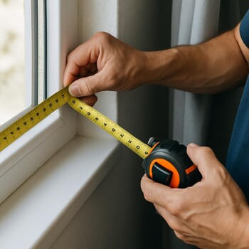 Uzman kişinin pencere kenarında metre ile ölçü alması