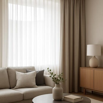 Katmanlı tül perdelerle ışığın yumuşadığı modern oturma odası