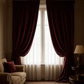 Gün ışığını yumuşatan bordo kadife perde ile salon penceresi