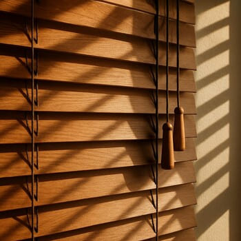 Ahşap jaluzi detayında gün ışığının çizgisel yansımaları