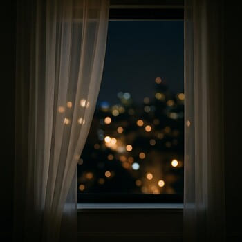 Gece şehir manzaralı pencereyi çerçeveleyen ince tül