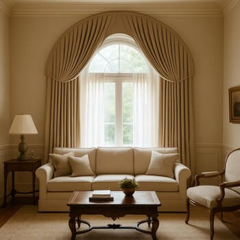 Yarım daire formlu pencerede yumuşak dökümlü perde