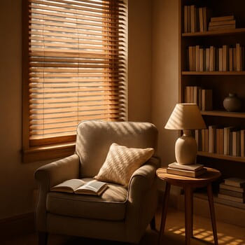 Okuma köşesinde ahşap jaluzi ve koltuk kombinasyonu