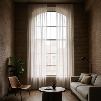 Loft tarzı yüksek pencerede ince tül katmanı