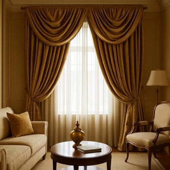 Altın tonlarında kadife fon perde ve tül katmanıyla salon penceresi
