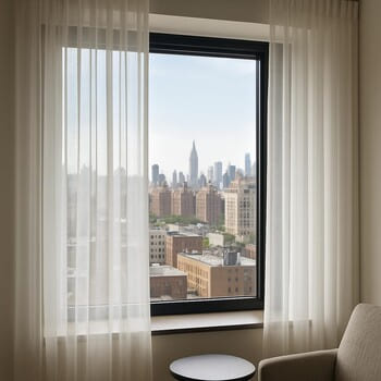 Şehir manzaralı kiralık dairede yeni tül ve fon perdeli pencere