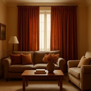 Aile salonunda yere kadar inen kadife fon perdeler