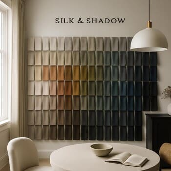 Silk & Shadow stüdyosunda perde kumaşı numuneleriyle kaplı duvar