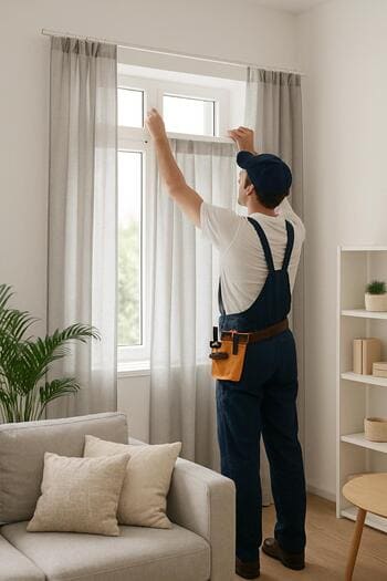 Montaj gününde merdiven üzerinde perde takan usta