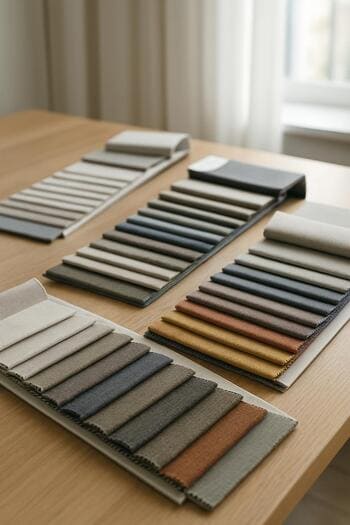 Perde numuneleri ve planlarla kaplı proje masası