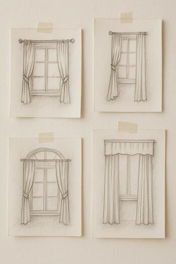 Duvara asılmış pencere eskizleri ve ölçü çizimleri