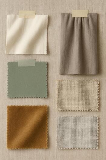 Panoya iğnelenmiş perde kumaşı kartelaları ve notlar