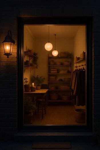 Akşam ışığında içeriden bakılan Silk & Shadow studio penceresi