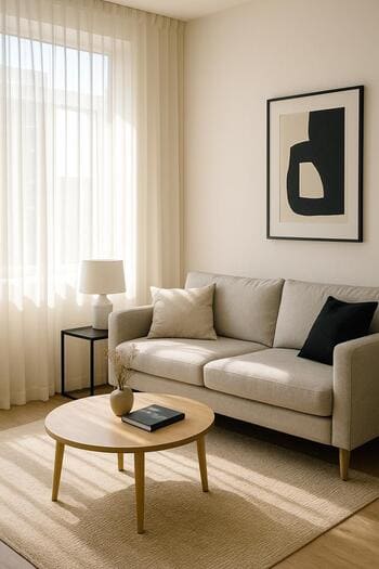 Gün içinde hafif tül perdeli salon senaryosu