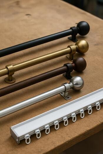 Perde ray numuneleri ve kumaş kartlarının masada yan yana duruşu