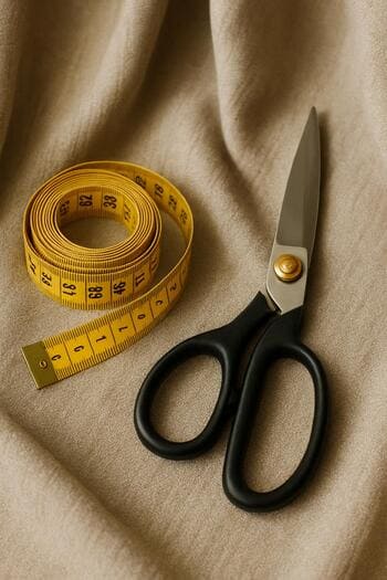 Metre, makas ve iğnelerle hazırlanmış perde çalışma masası