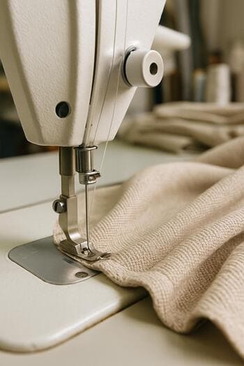 Atölyede perde dikerken kullanılan dikiş makinesi ve kumaş